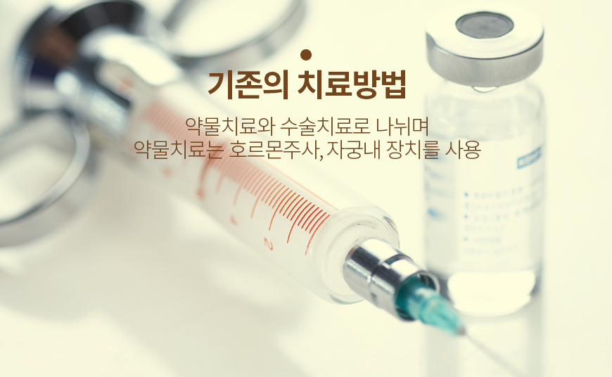 기존의 치료방법 약물치료와 수술치료로 나뉘며 약물치료는 호르몬주사, 자궁내 장치를 사용